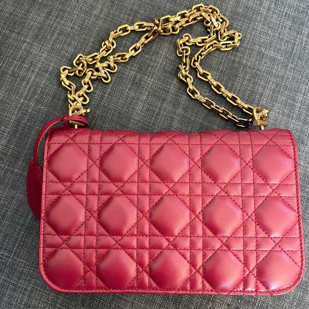 DIOR full set RED FUCHSIA QUILTED LAMBSKIN CANNAGE SMALL DIORADDICT FLAP BAG - Picture 5 of 10